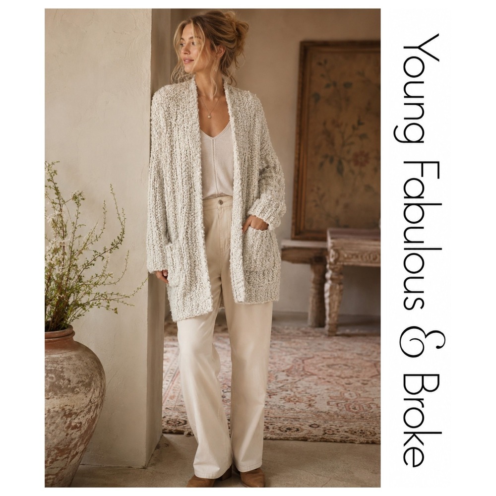 Young Fabulous & Broke Boucle Beige Taupe Oversized Cozy Knit Cardigan Sweater M